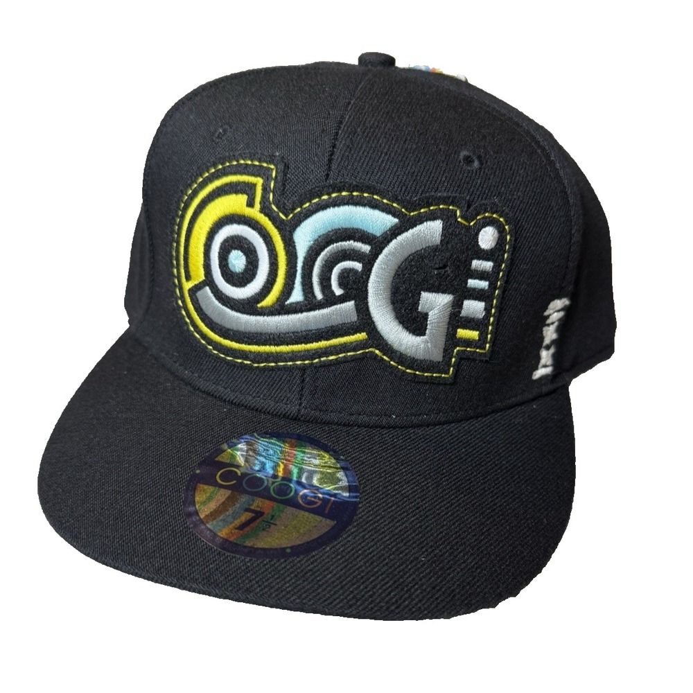 COOGI VTG Men Hat Fitted Black Yellow Abstract Logo Urban Hip Hop 7 1/2 New Y2K